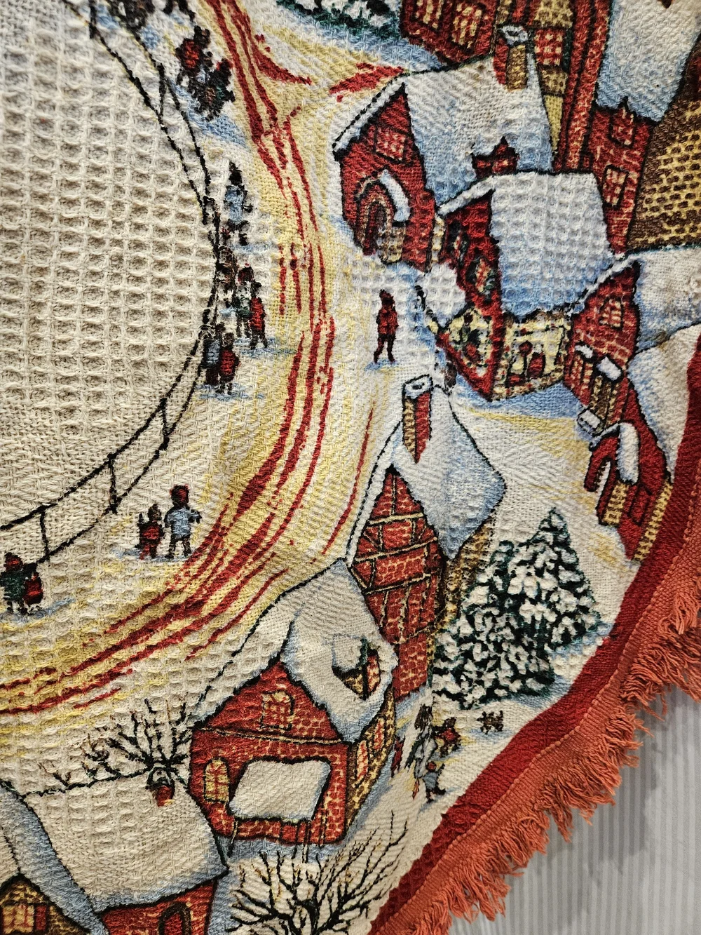Vintage-Style Red Holiday Tree Skirt w/ Winter Village Scene Waffle Knot Fringe